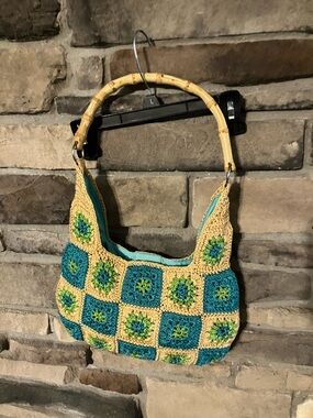 Kate Landry Y2K Crochet Square Pattern Shoulder Bag in tan, teal & green